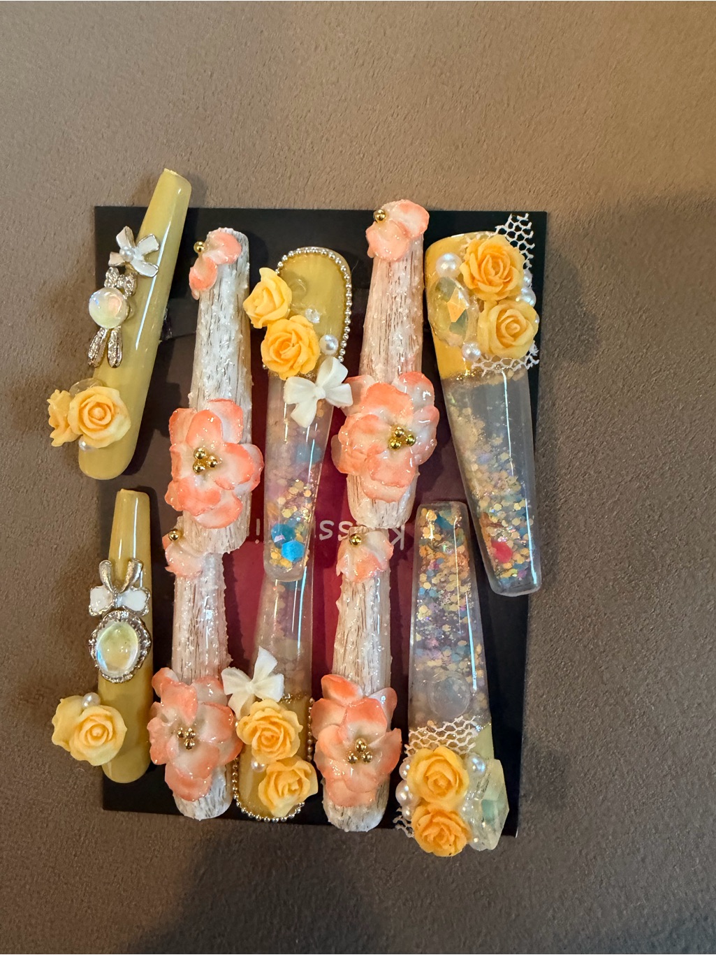 Yellow & Peach Floral Water Nails 3in